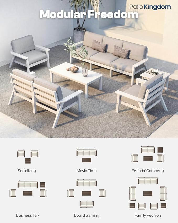 Patio Furniture Set 8 Seats, HDPE Outdoor Sectional with Gray Washable Thick Cushions, Coffee Table, Patio Conversation Sets for Lawn, Garden, Porch, Balcony, Deck (White Frame)