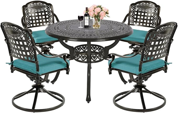 MEETWARM 5-Piece Outdoor Patio Dining Set, All-Weather Cast Aluminum Patio Conversation Set with 4 Cushions Swivel Rocker Chairs for Backyard Deck Garden and 38.5" Round Table, Ocean Blue