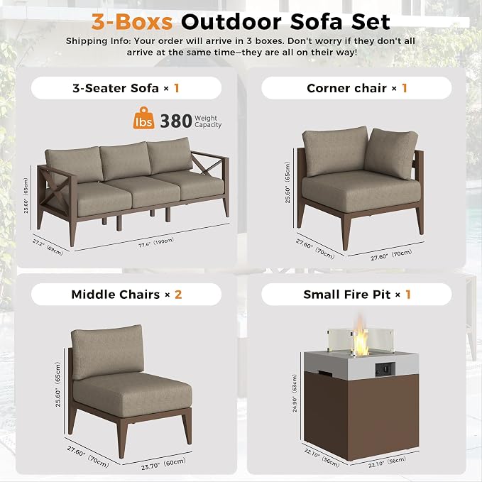 Aluminum Outdoor Patio Furniture Set with Fire Pit, 7-Piece Outdoor Sectional with 5.2" Thick Cushions,Patio Conversation Sets for Backyard,(Brown,6 Seats)