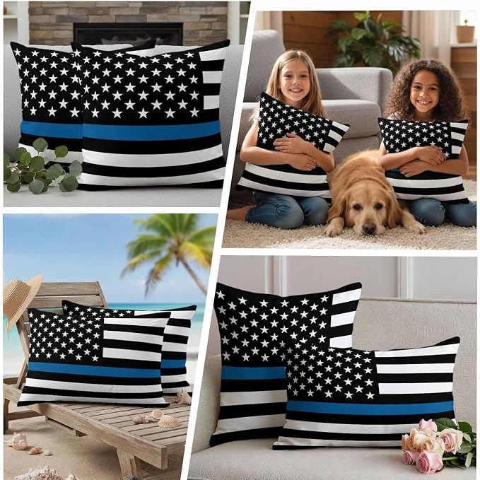 Blue Outdoor Waterproof Throw Pillow Covers Set of 2, 20"x20", Line Flag American Police Flag Honoring Law Enforcement Officers Decorative Pillow Covers Outside Cushion Case for Patio Porch Garden
