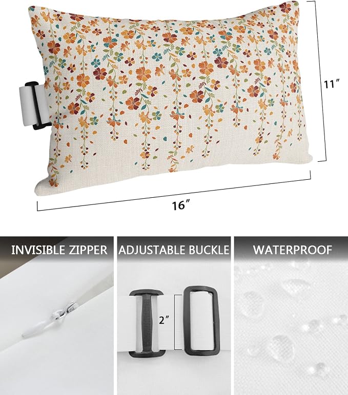 Outdoor Pillows Covers with Inserts Flower Orange Blue Cherry Blossoms Cotton Linen Waterproof Pillow with Adjustable Strap Throw Pillows for Patio Furniture Recliner Lounge Chair, 11x16 inch, 2PCS