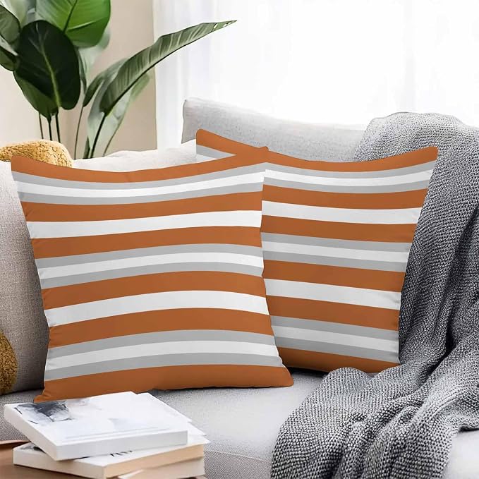 Throw Pillow Covers 20x20 Inch Set of 2, Burnt Orange Grey Stripe Waterproof Outdoor Pillow Covers, Minimalist Farmhouse Striped Decorative Cushion Pillowcases for Couch, Sofa, Bed, Garden, Patio