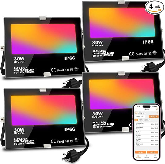 LED Flood Light Outdoor 30W, 300W Equivalent Smart RGB Landscape Lighting | APP Control -DIY Scenes -Timing - Warm White 2700K -Color Changing Uplight, 3000LM IP66, US Plug, Stage Uplight MELPO(4 Pack)