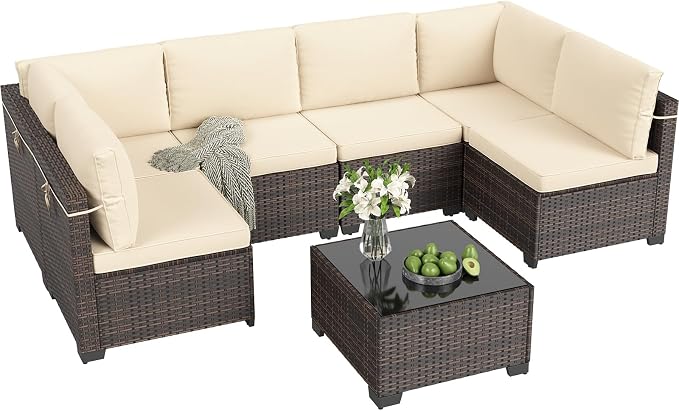 Soohow 7-Piece Patio Furniture Set, Outdoor Conversation Set, Thickened All-Weather Rattan Sectional Sofa with Tempered Glass Table for Garden, Porch, Backyard - Beige Cushions
