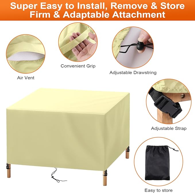 Patio Furniture Cover Rectangle 48"(L) x 44"(W) x 36"(H), Custom Heavy Duty 420D Waterproof Outdoor Cover with Drawstring & Buckles for Table Chair Garden, Cream