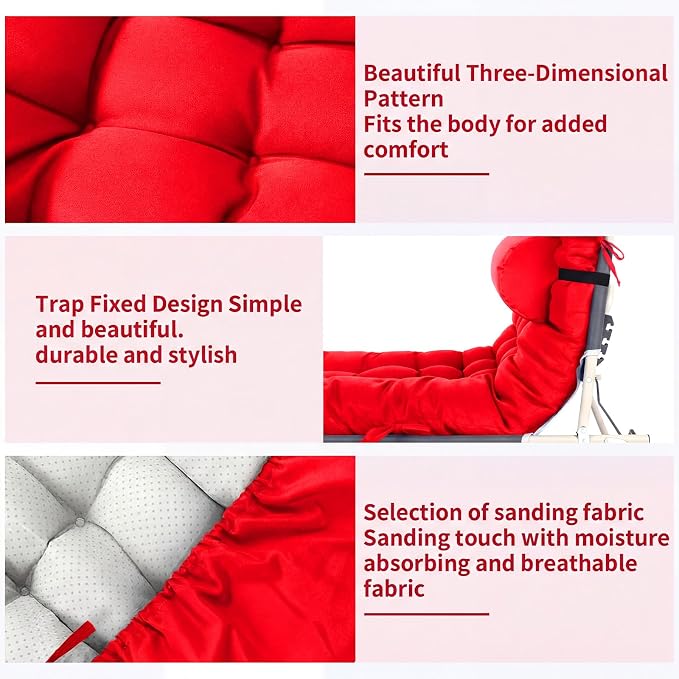 Tudomro Outdoor Chaise Lounge Cushion 66x21x4'' Waterproof & Fade-Resistant Patio Pool Chaise Lounge Cushion Headrest Pillow Tie Replacement Rocking High Back Chair(Bright Red,Set of 2)