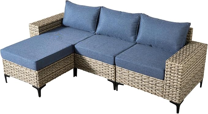Patio Furniture Set, 4 Pieces Outdoor Wicker Conversation Sets with Coffee Table Outdoor Sectional Sofa for Balcony Backyard Poolside Garden Lawn (Blue)