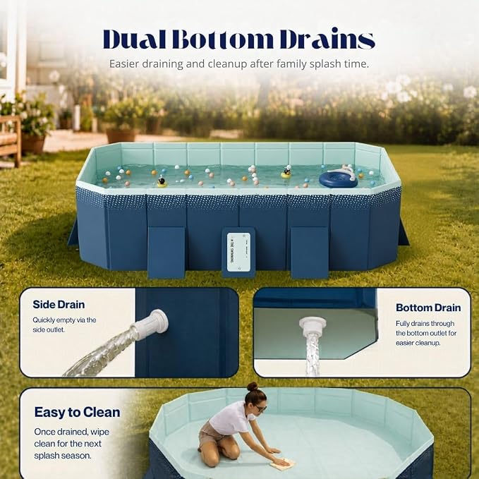 Large Foldable Pool, Non Inflatable Pool with 4-Layer Composite PVC, Sturdy Triangular Support Boards, Double Drains, Foldable Outdoor Pool for Backyard Kids & Adults, 5 Sizes
