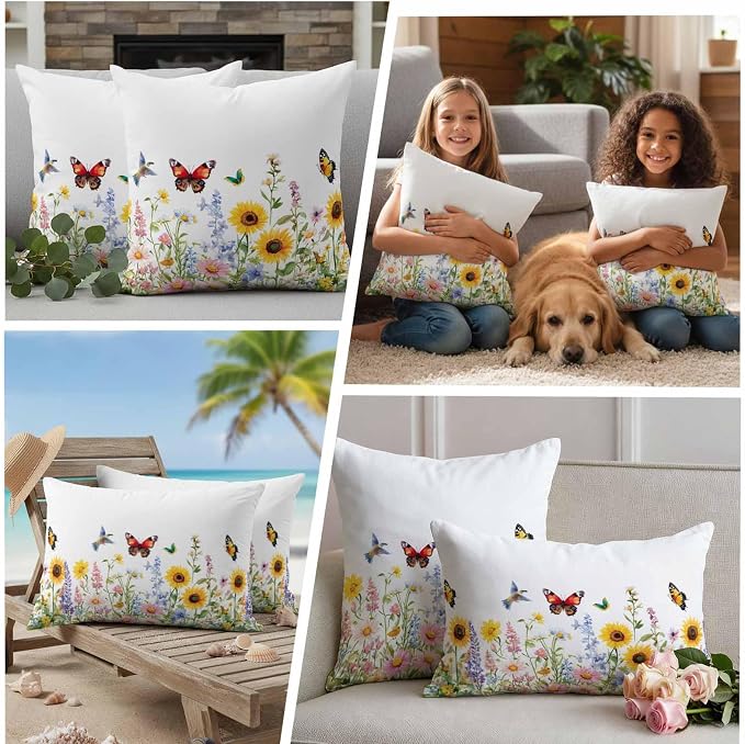 Colorful Florals Outdoor Waterproof Throw Pillow Covers Set of 2, 20"x20", Sunflower Daisy Butterfly Farm Botanical Decorative Pillow Covers Outside Cushion Case for Patio Porch Garden