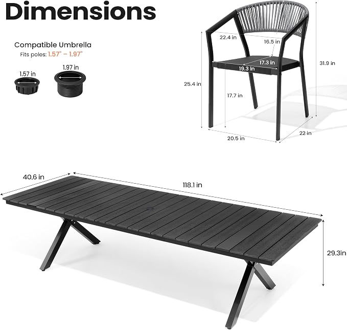 Pellebant Aluminum 13-Piece Outdoor Dining Table Set for 8-12 Person | Patio Stackable Chair with U-Shaped Wicker Backrest, 118" Table with Wood-Grain Top & Umbrella Hole, Aluminum Frame Furniture
