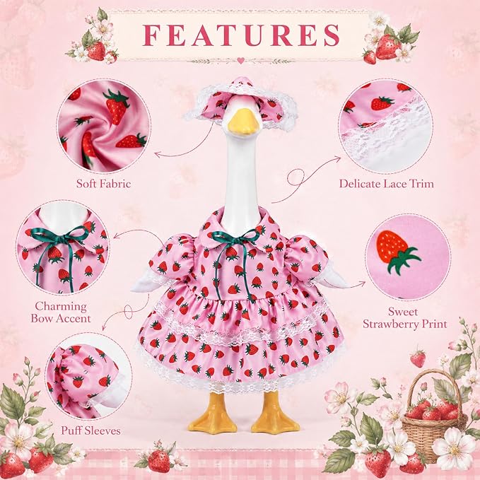 23 Inch Summer Strawberry Porch Goose Outfit, Pink Countryside Dress with Sun Hat, Seasonal Decorative Goose Clothes for Yard Lawn Patio Decor