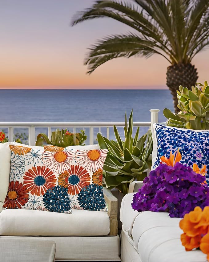 Navy Blue Dahlia Flower Outdoor Waterproof Throw Pillow Covers Set of 2 Abstract Floral Printed Outdoor Pillow Covers for Patio Furniture, Porch, Garden 18x18 Inch