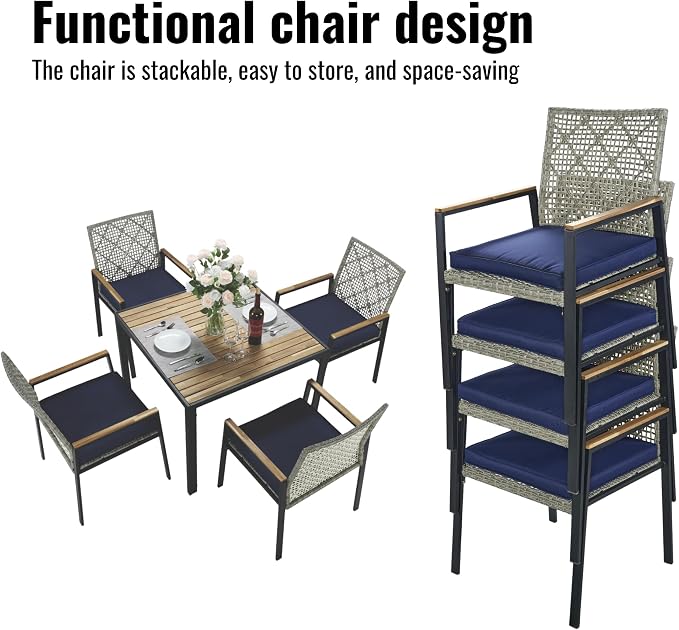 5-Piece Outdoor Patio Furniture Dining Set, All-Weather Rattan Conversation Set with Umbrella Hole, Weather Resistant Tables and Chairs for Garden/Backyard Deck (Light Gray)