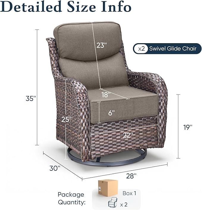 Belord Luxury 6" Thick Cushioned Outdoor Swivel Rocker Patio Chairs of 2, High Back Wicker Patio Furniture Set with Ergonomic Zone Back, Conversation Glider Set for Deck Porch - Brown+Grey
