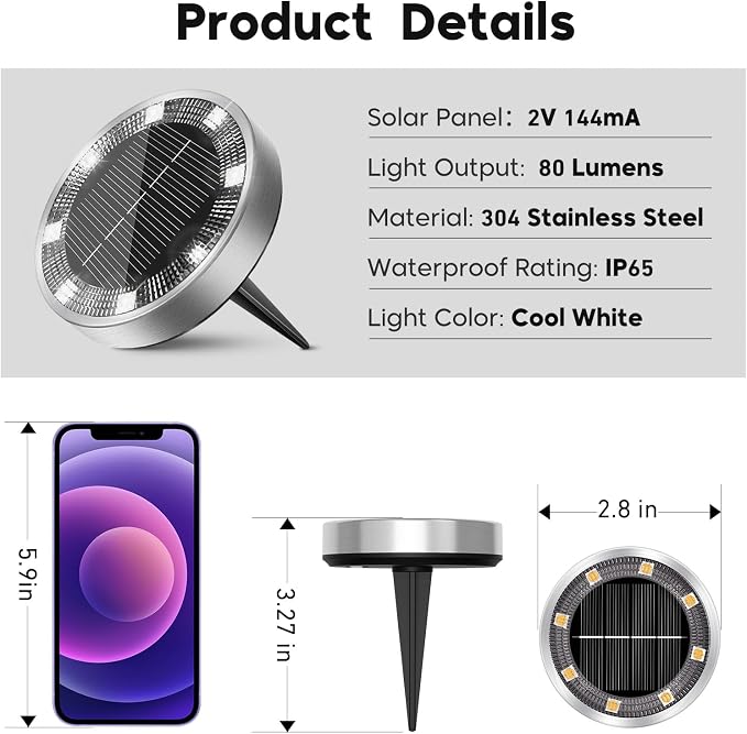 6 Pack Solar Lights Outdoor Waterproof, 8 LED Solar Ground Lights | Flat Solar Disc Light Landscape Lighting for Pathway Garden Yard Walkway Driveway Lawn, Cool White