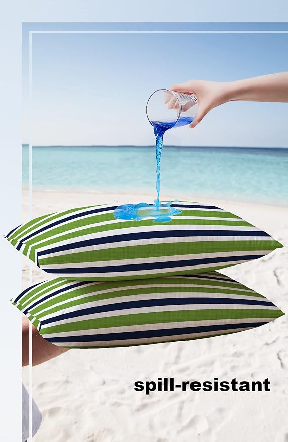 Outdoor Waterproof Pillow Covers for Patio Furniture Navy Blue Green Stripes Decorative Throw Pillow Cover Lime Green Stripes Pillowcases Set of 2 Cushion Case for Sofa Couch Chair 20 x 12 Inches