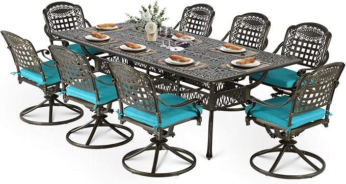 VIVIJASON 9-Piece Outdoor Dining Furniture Set, Cast Aluminum Patio Table & Chairs Set for 8, Include 94.5" Rectangular Dining Table and 8 Swivel Rocker Chairs with Umbrella Hole, Ocean Blue Cushion