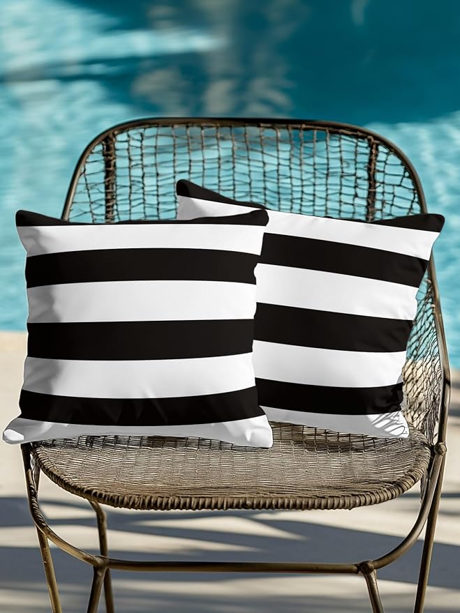 Waterproof Outdoor Pillow Set of 2 Black White Stripe Decorative Throw Pillows Cover & Insert 16x16 Inch Pillowcase Simple Style Striped Pillows for Couch Sofa Bed Patio Furniture Indoor Outdoor