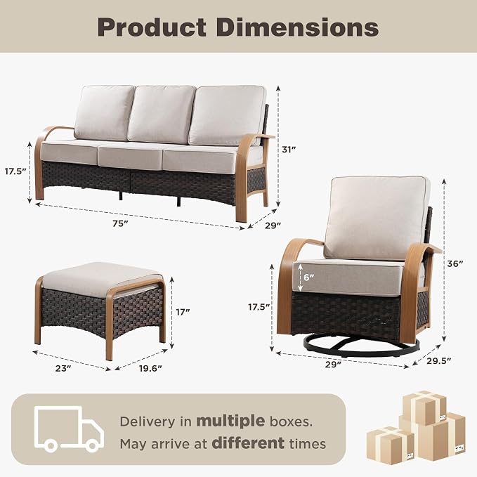 Belord 7 Piece Patio Furniture Set, All Weather Conversation Set with 6-Inch Thick Cushions,4 Wicker Swivel Rocker Chairs and 3 Seater Wicker Sofa for Deck Proch Pool Garden Backyard, Wood & Beige