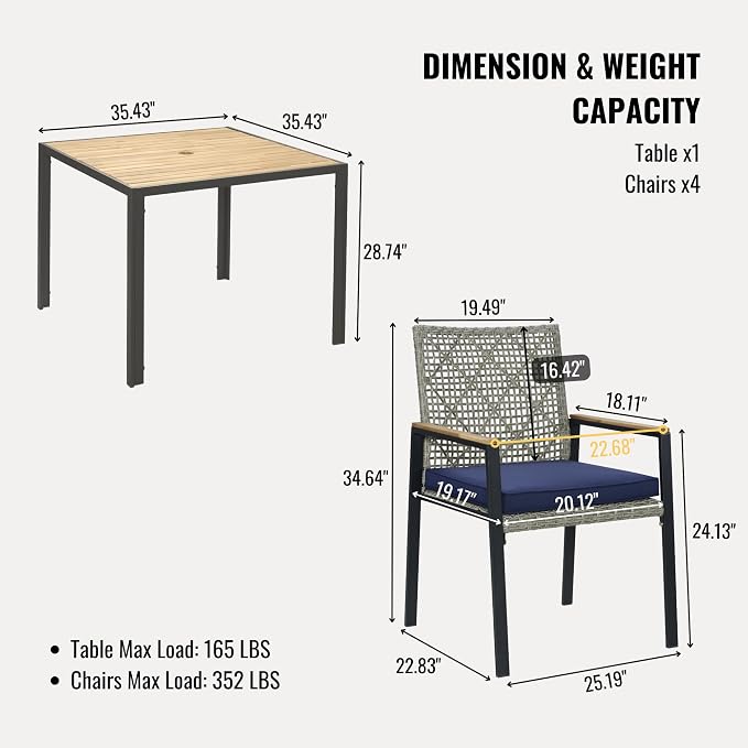 5-Piece Outdoor Patio Furniture Dining Set, All-Weather Rattan Conversation Set with Umbrella Hole, Weather Resistant Tables and Chairs for Garden/Backyard Deck (Light Gray)