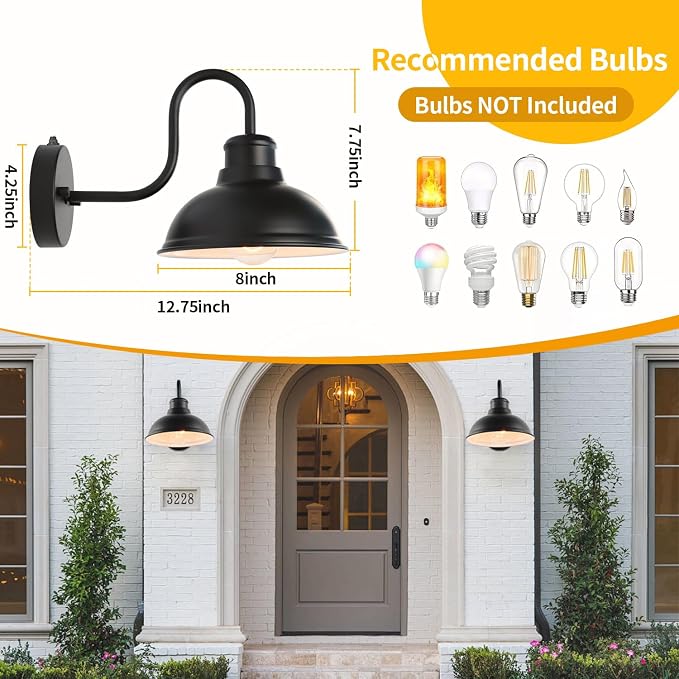 Dusk to Dawn Barn Lights Outdoor Wall Light 8" Exterior Lighting Fixtures | Anti-Rust Waterproof Farmhouse Industrial Vintage Matte Black Wall-Mount for Porch/Garage/Patio Yard ETL Listed