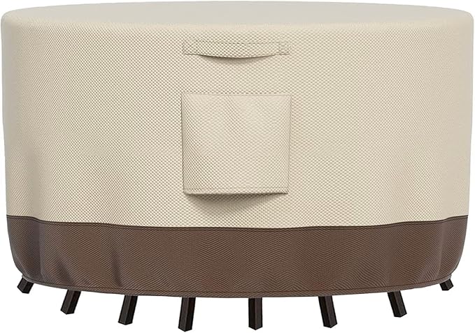 Round Patio Furniture Cover 60 Inch Waterproof, Heavy Duty UV Protection Outdoor Chair Covers for All Seasons, Durable Weatherproof Patio Table Covers with Tie (Beige & Brown，96" DIAx28 H)