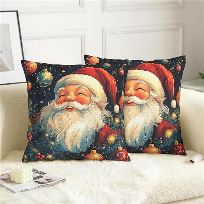Christmas Santa Pillow Covers Xmas Throw Pillow Covers 20x20 Set of 2 Black Red Holiday Pillowcase Double Sided Printing Cotton Linen Cushion Case for Living Room Sofa Couch