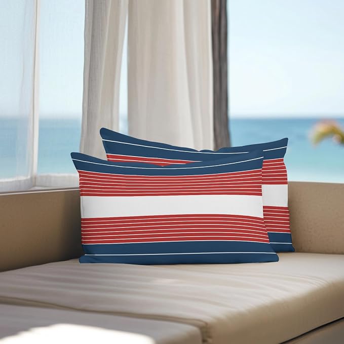 Navy Blue Red Stripe Outdoor Pillow Covers Waterproof, All Weather Cushion Case Set of 2, Modern Art Horizontal Striped Lumbar Pillowcase for Sofa Couch Bed Decor Patio Furniture 20"x12"