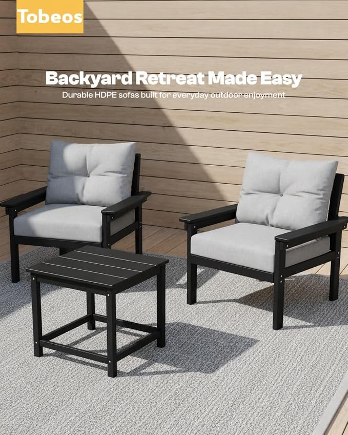 HDPE 7 Piece Patio Furniture Set, All-Weather Outdoor Couch Set with Thick Cushions & Table & Umbrella, Patio Conversation Sets for Lawn, Garden, Porch, Balcony, Deck, Poolside, Black & Grey