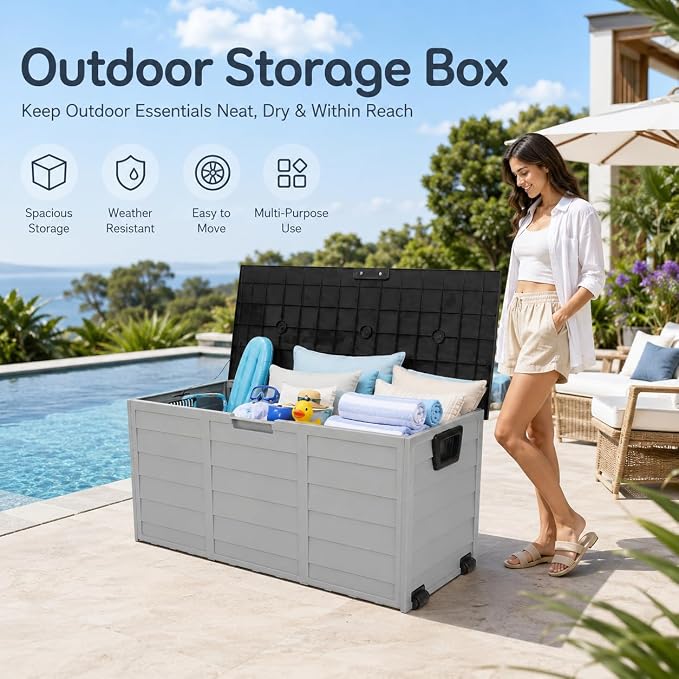 75 Gallon Resin Deck Box, Waterproof Outdoor Storage Box with Wheels, Lockable Lid and Handles, Large Deck Storage for Outdoor Gear, Patio Furniture Cushion, Gardening Tools, Black