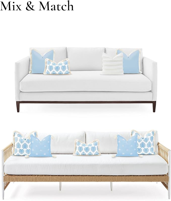 Hofdeco Premium Coastal Hampton Style Patio Indoor Outdoor Lumbar Pillow Cover Only, 12"x20" Water Resistant for Backyard, Couch, Baby Blue Monstera Leaf Fringe