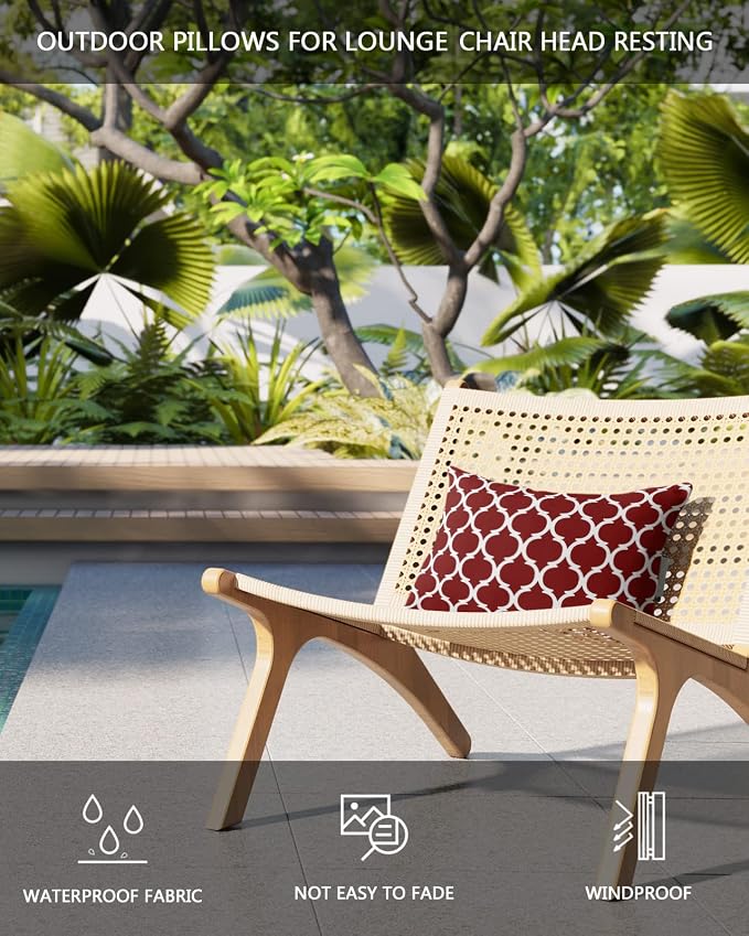 Outdoor Pillows Covers with Inserts Mid Century Art Geometric Morocco Stripes Wine Red Waterproof Pillow with Adjustable Strap Throw Pillows for Patio Furniture Recliner Lounge Chair, 11x16 inch, 2PCS