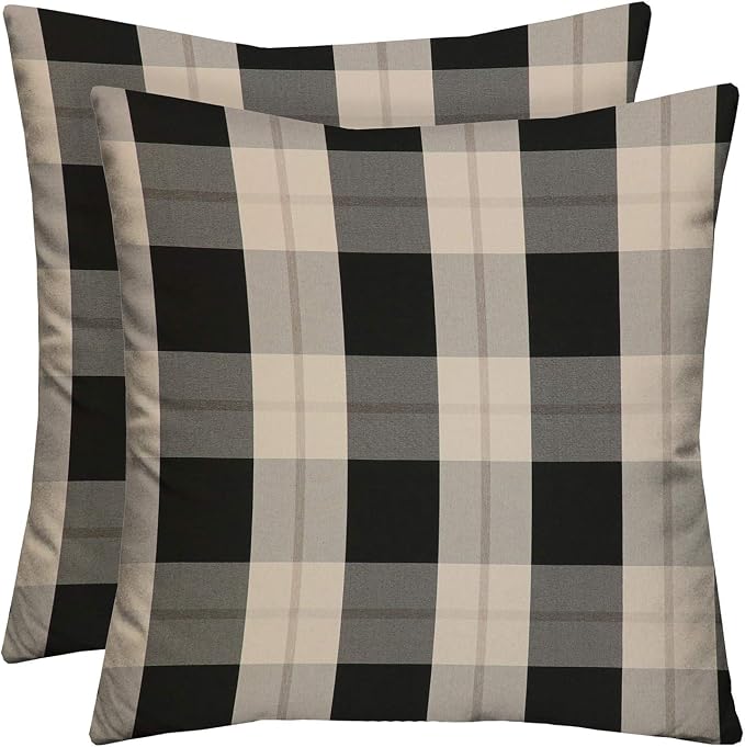 RSH DECOR Square Throw Pillows Set of 2, 20" x 20", Outdoor Pillows Waterproof, Outdoor Pillow Covers, Pillow Covers for Couch, Branson Pewter Plaid, Made in USA