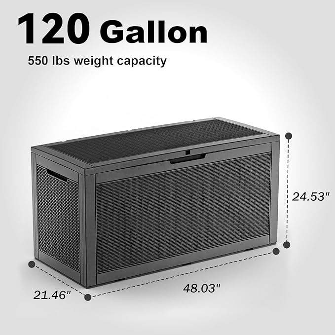 PatioZen 120 Gallon Deck Boxes Outdoor Waterproof, Weatherproof Outdoor Storage Boxes Lockable for Patio Furniture, Pool Supplies,Garden Tools(Black)