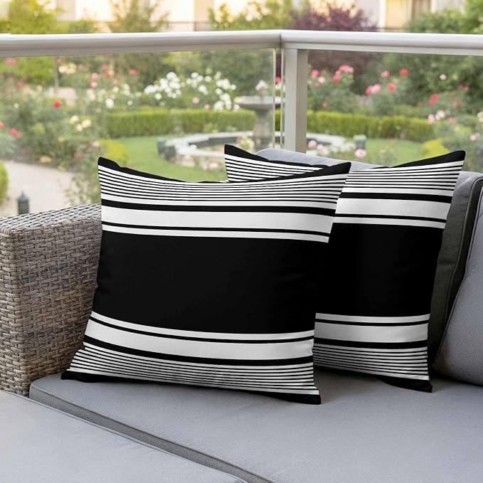Outdoor Waterproof Throw Pillow Covers, Black Striped Decorative Pillow Cases, Modern Color Block Farmhouse Stripes Couch Pillow Protector Patio Sofa Cushion Covers Replacement 26"x26" 2 Pack