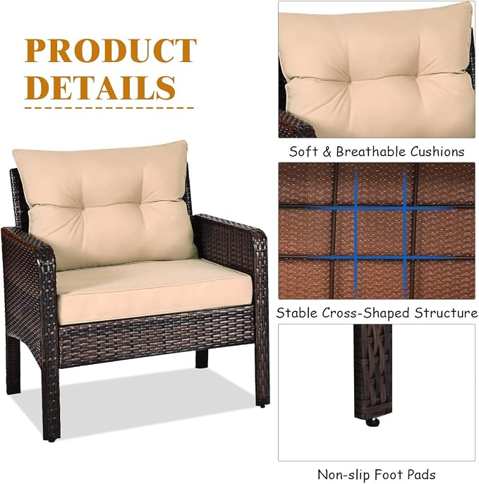 Tangkula 3 Piece Outdoor Patio Furniture Set for 2, Wicker Chairs with Glass Top Coffee Table, Thick Cushions, All Weather Garden Lawn Poolside Backyard Porch (Brown)