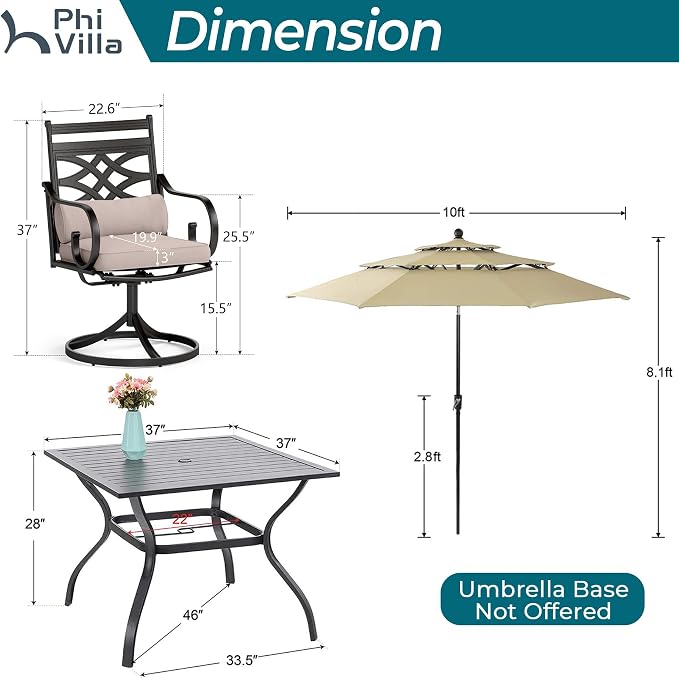 PHI VILLA 4 Piece, Outdoor Dining Set, Round Metal Table, 10ft Umbrella | 10ft 3-Layer Auto-tilt Round Umbrella, Swivel Chairs, Cushions, Beige