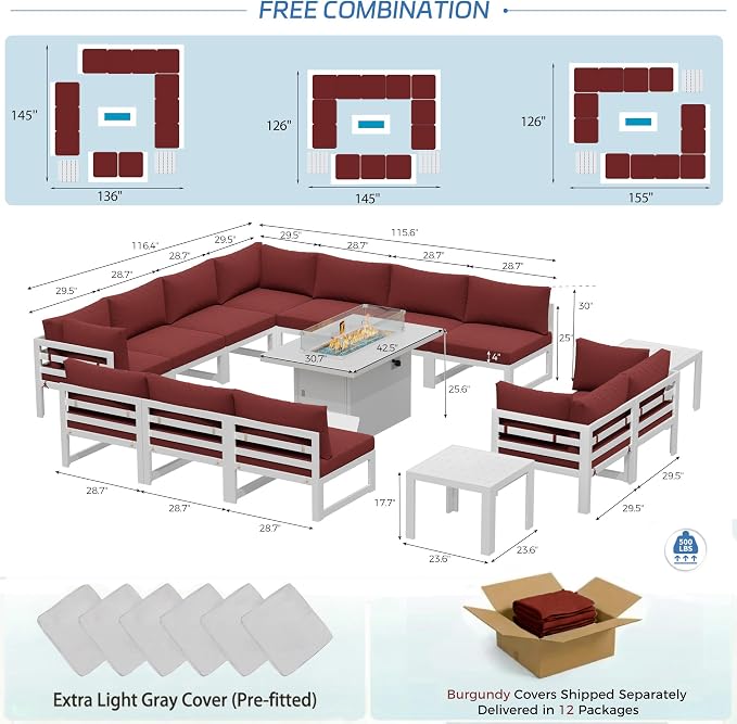 NICESOUL 12 Seat Extra Large Aluminum Patio Furniture Set with Fire Pit Table Propane/Gas, Contemporary Outdoor Conversation Sofa Set with End Table, All-Weather Sectional Couch for Garden Yard, Red