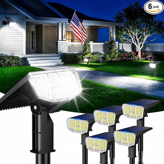 LETMY 6 Pack Solar Spot Lights Outdoor, 104 LED Solar Spotlights, IP65 Waterproof Solar Powered Outdoor Lights, Auto On/Off, Solar Lights Outdoor for Yard, Garden, Patio, Wall, Tree & Flag, Cool White
