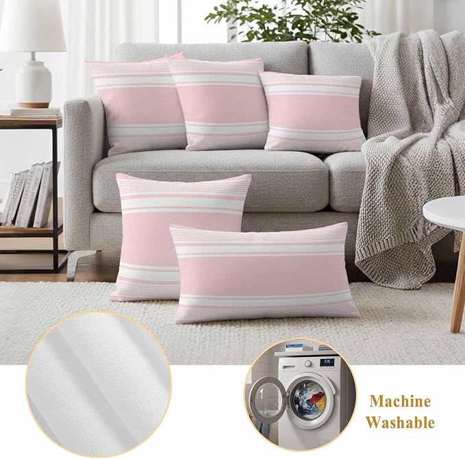 Outdoor Waterproof Throw Pillow Covers, Pink Striped Decorative Pillow Cases, Modern Color Block Farmhouse Stripes Couch Pillow Protector Patio Sofa Cushion Covers Replacement 20"x12" 2 Pack