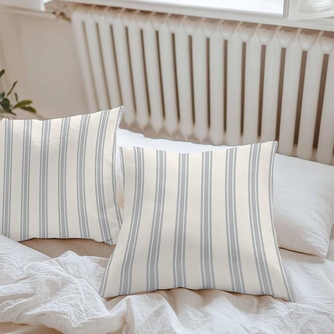 Throw Pillow Covers 16x16 Inch Set of 2, Blue Striped Waterproof Outdoor Cushion Covers, Modern Stripes Farmhouse Decorative Pillowcases for Couch, Sofa, Bed, Garden, Patio