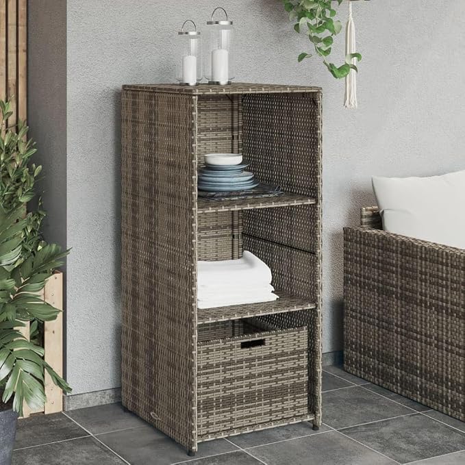 Grey PE Rattan Outdoor Storage Cabinet 21.7"x19.7"x45.3", Adjustable Shelves, Tool & Cushion Organizer, Wall-Mount Deck Box for Patio/Balcony/Garage