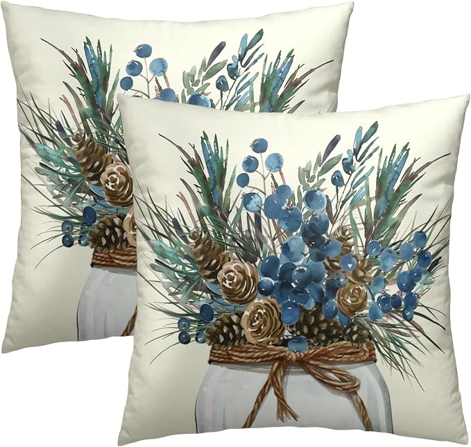 Christmas Throw Pillow Covers 22x22 Set of 2, Natural Winter Cones and Needles Pinecones Mason Jar Decorative Pillowcases Cotton Cushion Cover for Home Room Bed Sofa Couch Chair