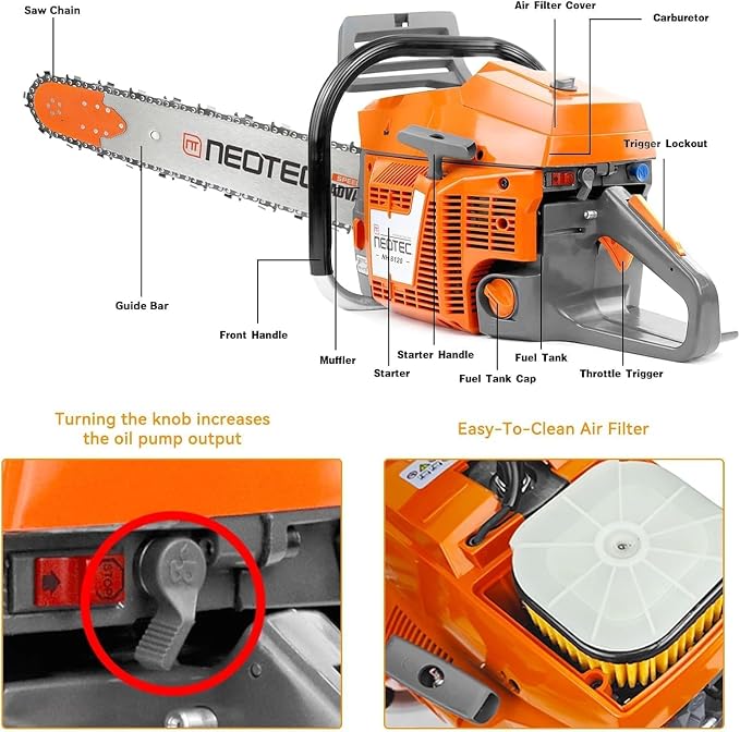 NEO-TEC NH8120 Chainsaw Gas 120cc Gas Powered Chainsaw with 28 Inch Bar, 8.4hp 6.2kw Big Large 2-cycle Motosierra De Gasolina for Extreme Logging Cutting, All Parts Fit for Husqvarna 3120 Xp
