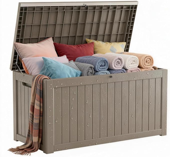 269 Gallon Large Outdoor Storage Box, Waterproof Deck Box with Lockable Lid, Resin Outside Storage Box for Patio Furniture, Pool Accessories, Garden Tools, Storage Bench for Backyard, Porch, Coffee