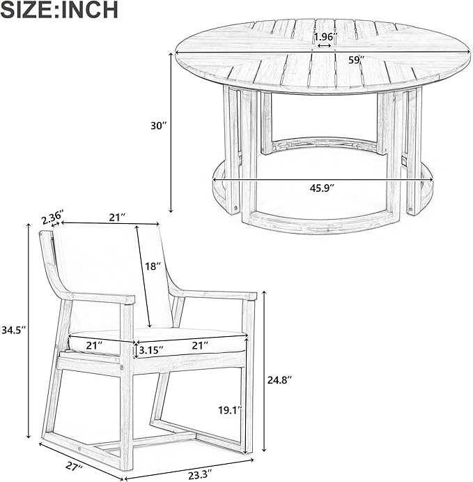 VilroCaz Acacia Wood Outdoor Dining Set for 6, All-Weather Outdoor Round Dining Table with 1.96" Umbrella Hole and 6 Armchair& Removable Cushions for Patio Backyard Pools (Mocha-2.14)