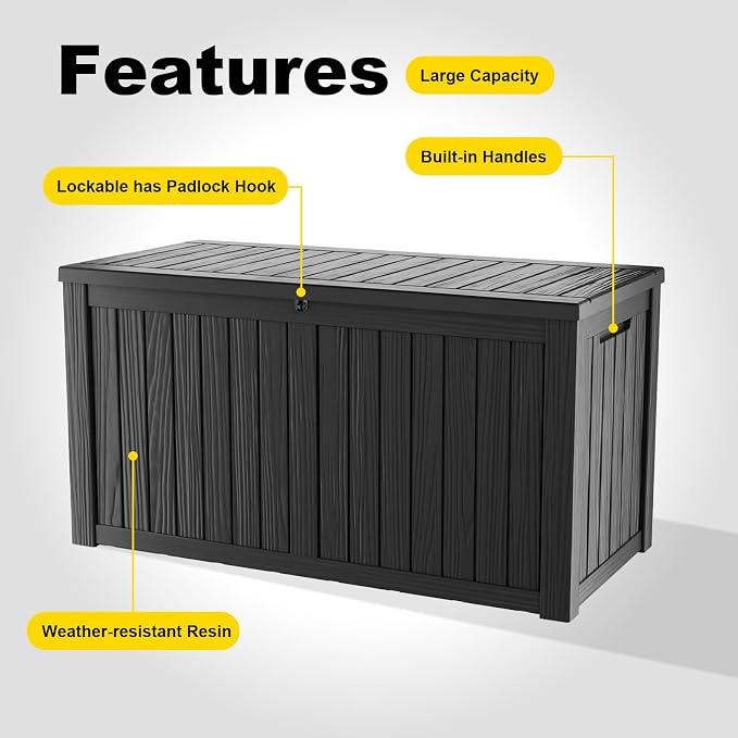 DRATO 180 Gallon Outdoor Storage Box Waterproof, Resin Large Deck Box for Patio Furniture Bench, Pool Garden Tools, Weatherproof Outside Storage Bin for Backyard Porch (Black, 180 Gallon)