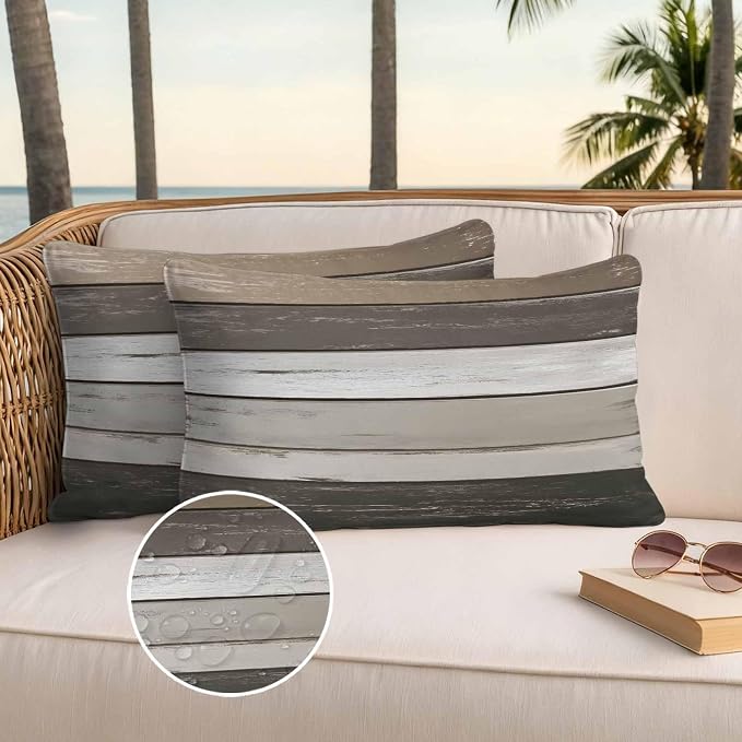 Outdoor Waterproof Pillow Covers Gray White Stripes Pack of 2 Lumbar Pillow Cover Wood Background Decorative Cushion Pillowcases for Patio Couch Bench Garden 12 x 20 Inches
