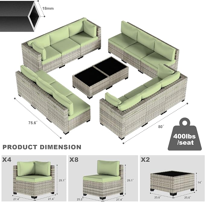 14-Piece Patio Furniture Set, Outdoor Sectional with Thick Cushions, Modular Patio Sofa, Dual-Strand Wicker Rattan, Rust-Resistant Frame, Backyard Furniture for Garden, Deck, Light Green