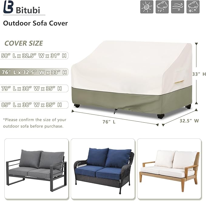 Bitubi Waterproof Patio Sofa Cover, Heavy Duty 3-Seater Outdoor Couch Cover Size Up to 76W x 32.5D x 33H Inches, Lawn Patio Furniture Covers with Air Vent (Beige)